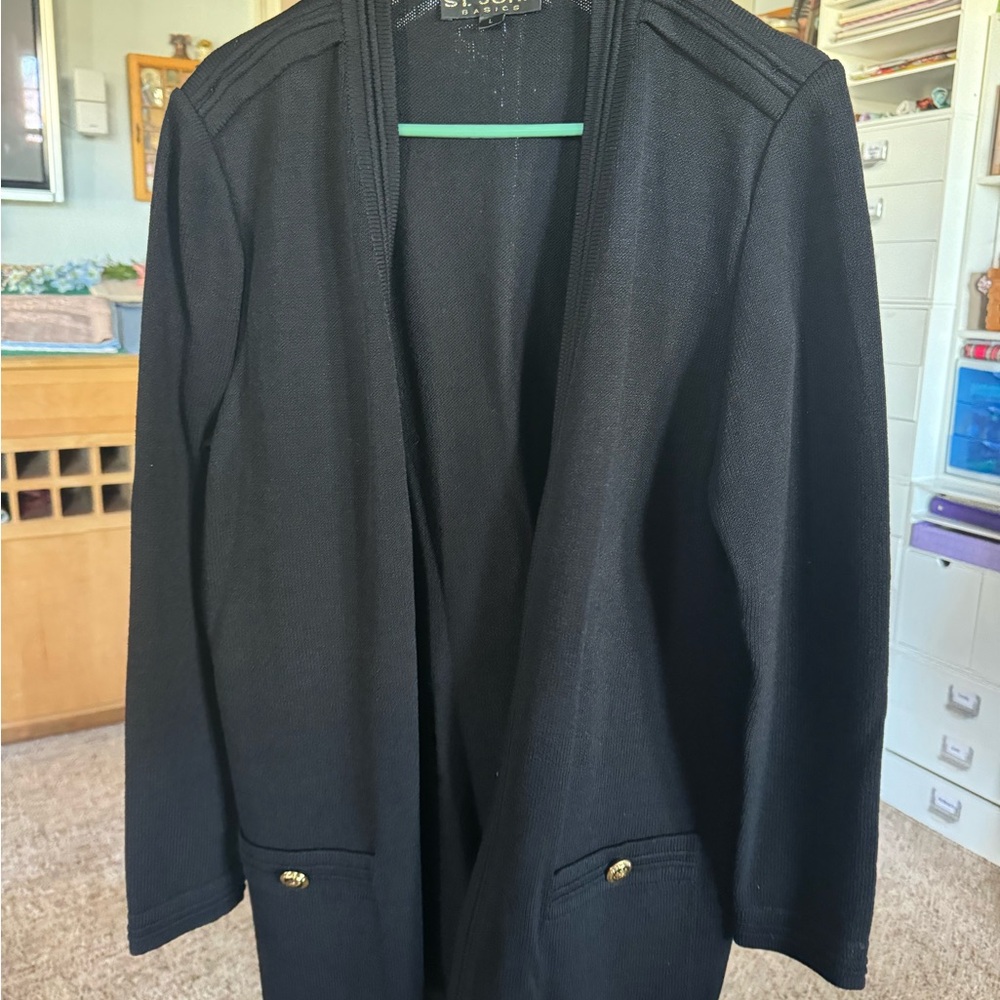 St. John Black and Gold Cardigan Sweater with Lapel Collar